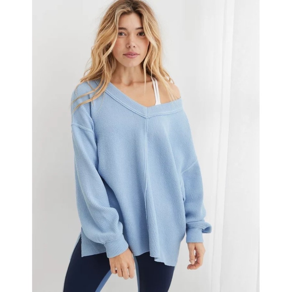 Aerie Women XS Light Blue Waffle Knit V-Neck Oversized Pullover Sweater